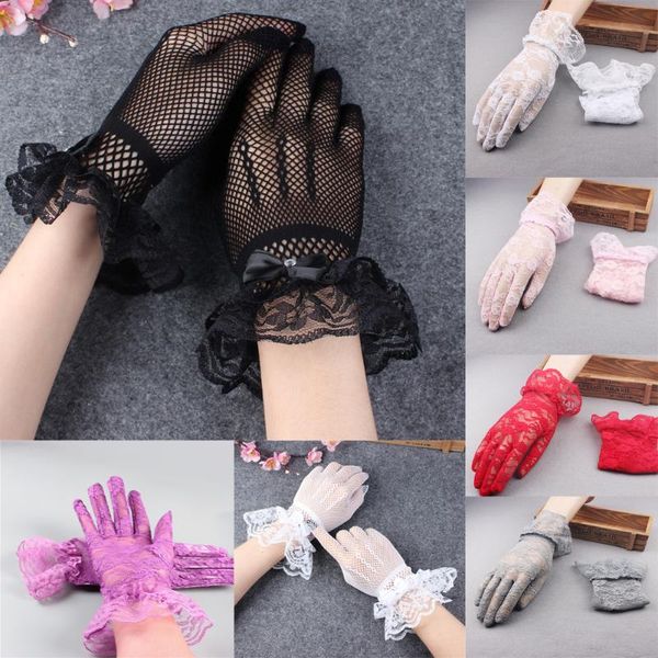 

bridal gloves hongfuyu short lace women lady party dress summer full finger sunscreen for girls mittens, White