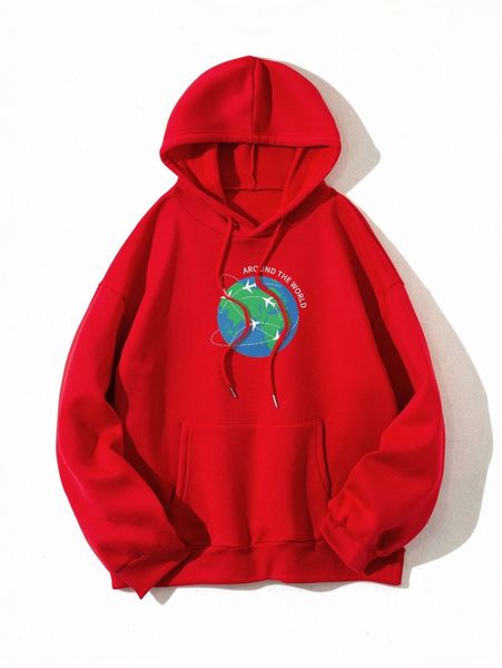 

plane & earth print kangaroo pocket drawstring thermal hoodie y0my#, White;black