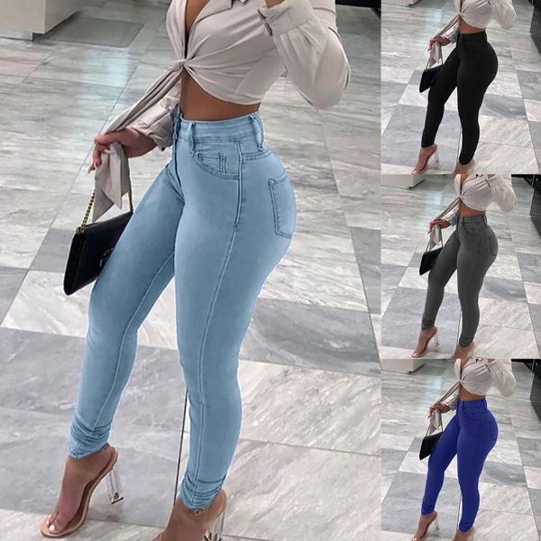 

women's jeans pants ripped denim button overalls woman pencil streetwear for girls femme taille haute, Blue