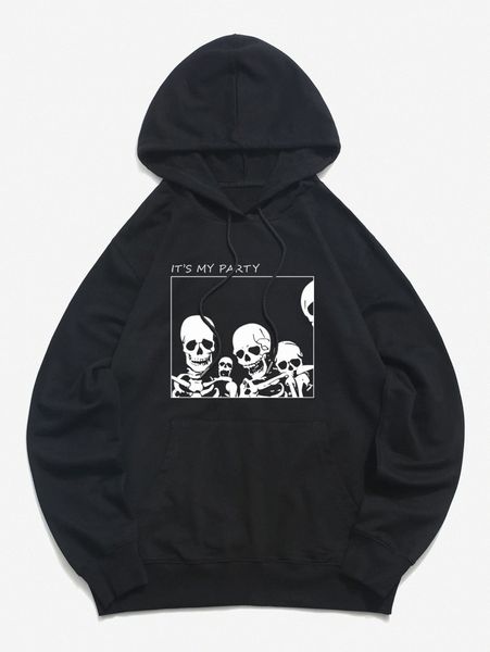 

romwe guys slogan & skeleton print hoodie p7k1#, Black