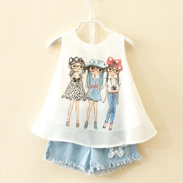 

summer brand suit for children girls baby chiffon vest shorts set girl clothes toddler 3 8 10 years kids clothing, White