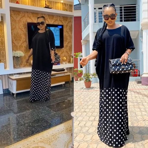 

casual dresses african for women 2021 bazin summer o neck polka dot stitching fake split dress plus isze female clothing, Black;gray