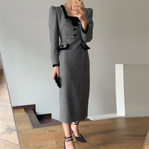 

casual dresses women plaid long sleeve elegant shirt square collar midi dress fashion office lady autumn vintage vestido, Black;gray