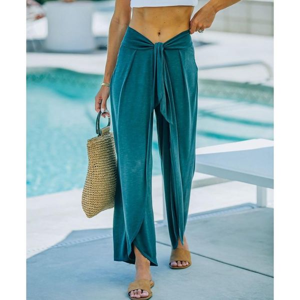 

women's pants & capris lugentolo split wide leg trousers women summer fashion solid color mid waist loose sashes for, Black;white