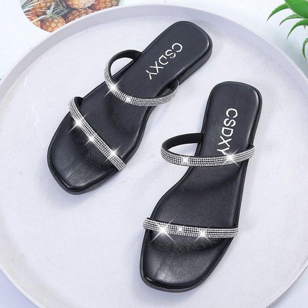 

rhinestone bright diamond slippers crystal hollow flat slide ladies open toe comfort slip on outdoor beach sandals, Black