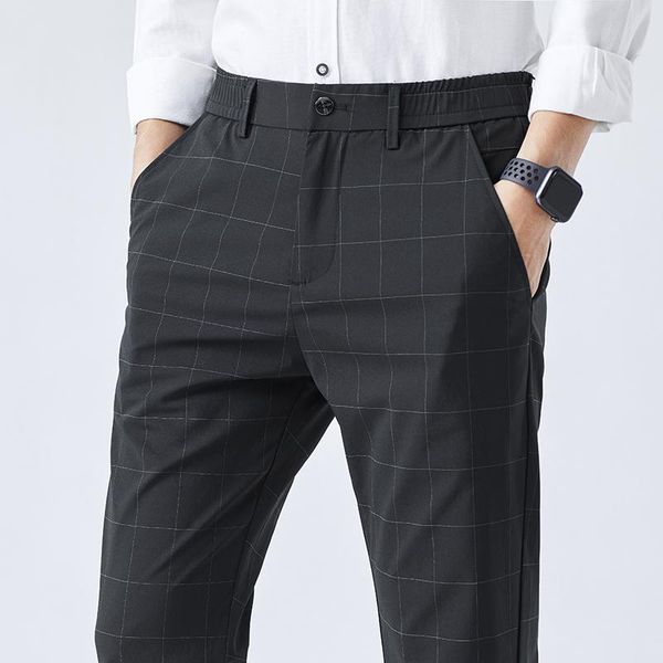 

men's pants 2021 brand spring summer casual slim pant straight thin trousers male fashion stretch business plaid 36 38, Black