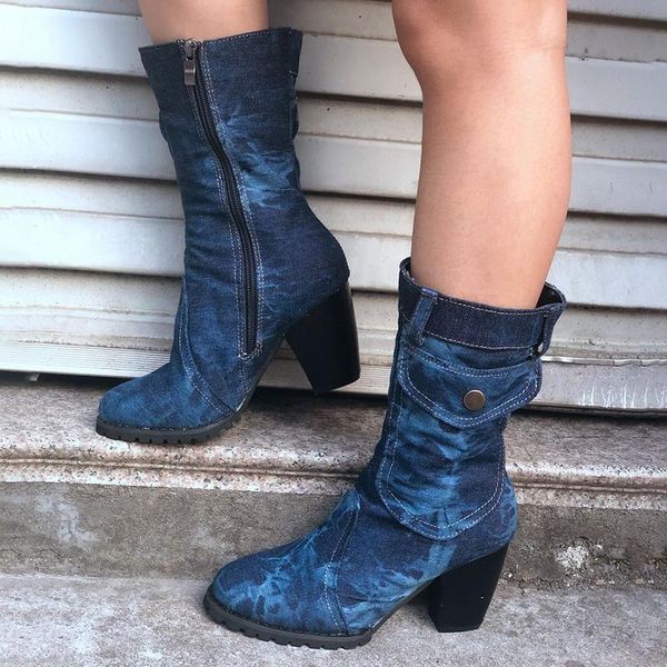 

boots autumn winter women denim round toe cowboy style high heels shoes knee, Black