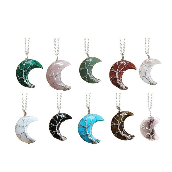 

chains q0ke tree of life necklace wire wrapped crescent moon stone pendant healing crystal gemstone jewelry for, Silver