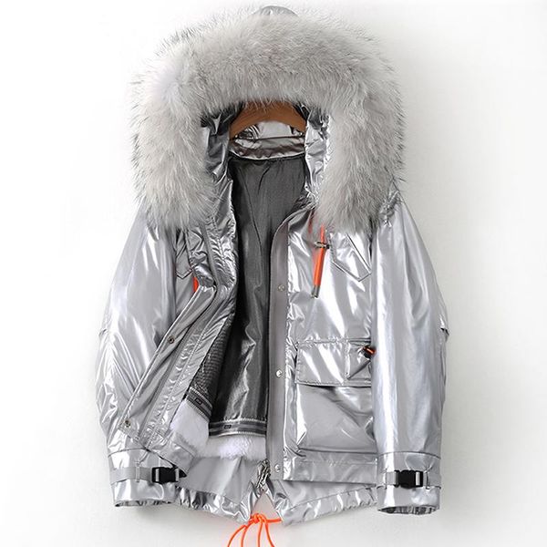 

women's fur & faux luxury silver glossy women parkas detachable liner real jackets outerwear natural collar winter coat oversized, Black