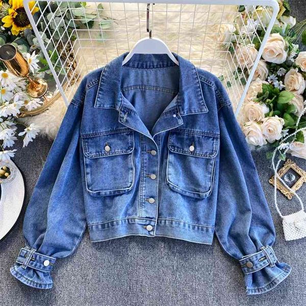 

spring autumn retro denim outerwear big pocket single breasted women loose short jacket 210513, Black;brown
