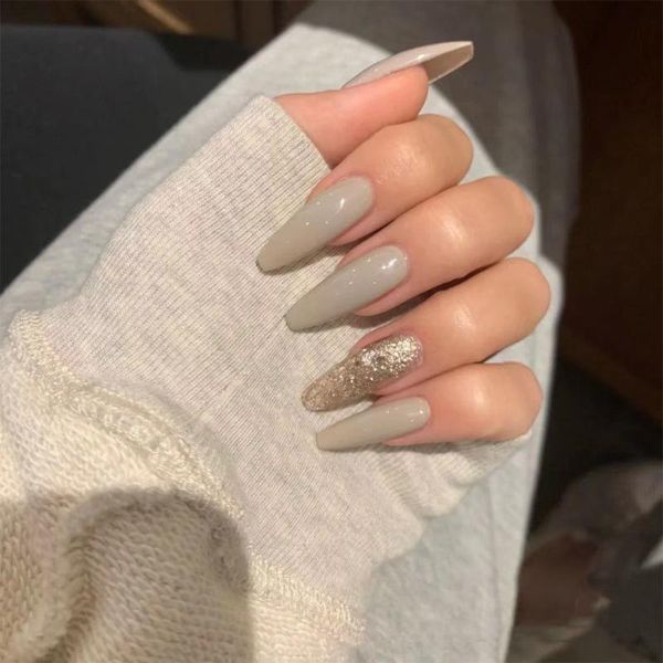 

false nails nail patch with design women finger diy tips full finished 24pcs morandi grey acrylic glue, Red;gold