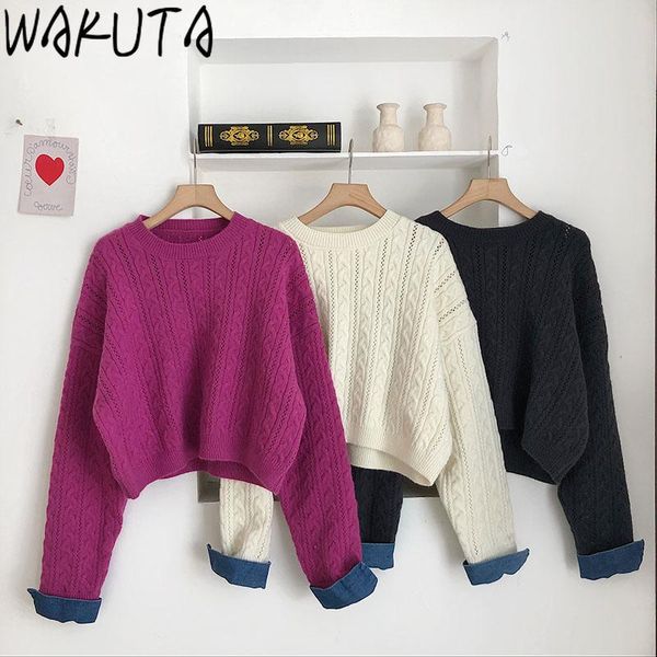 

women's sweaters wakuta short sweater women vintage design o neck patchwork pullovers autumn winter casual loose solid knitted jumper, White;black