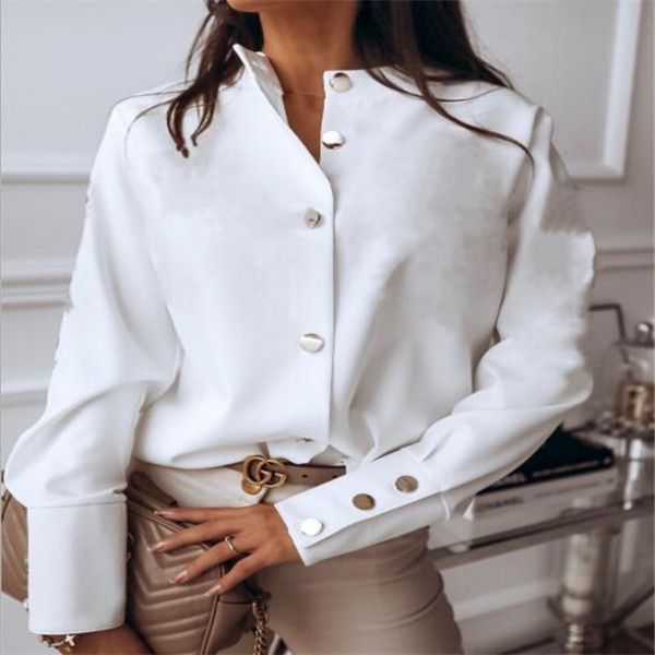 

stand collar women's blouse shirt long sleeve button fashion woman blouses spring and autumn womens clothing, White