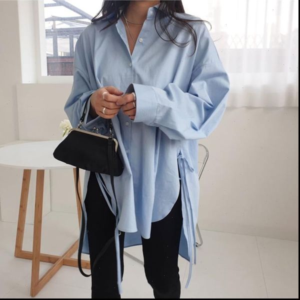 

[ewq] spring women shirts sweet turn down collar long sleeve womens and side split plus size, White