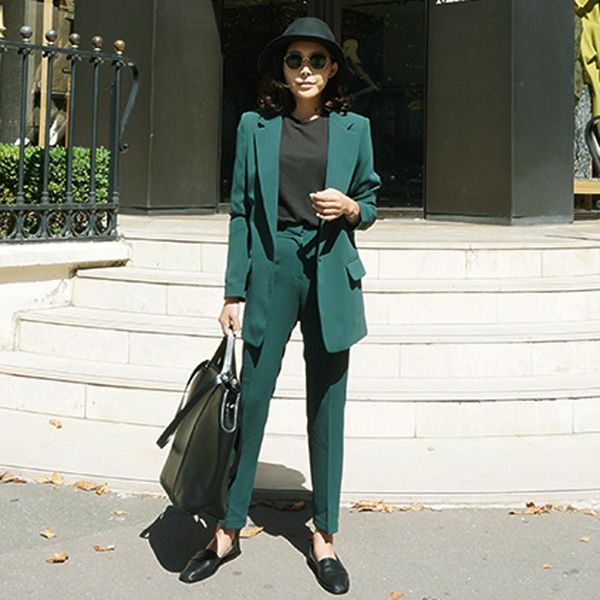 

leisure suit women 's european and american self - cultivation plaid two piece lapel double-breasted women's pants, White