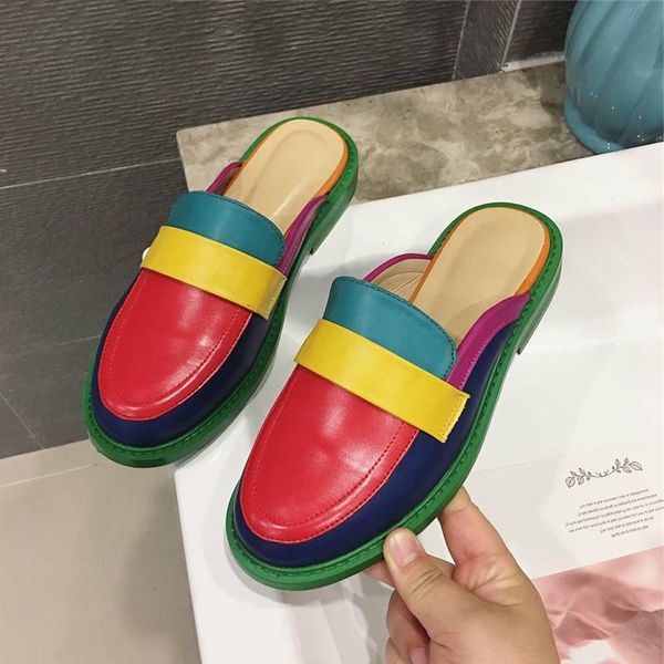 

slippers 2021 fashion luxury rainbow leather shoe woman comfortable slip on loafers mules size 35-40, Black