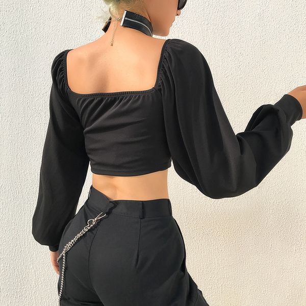 

rockmore double zipper chain tshirt women black gothic crop long puff sleeve square collar backless shirts casual t-shirt, White