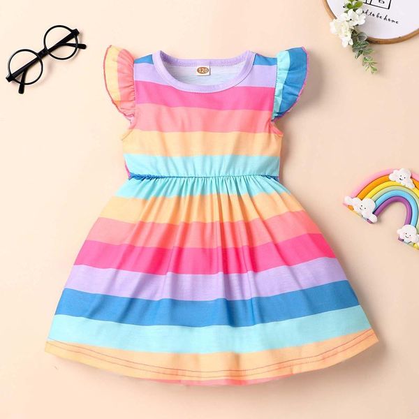 

girl's dresses toddler kids baby girls summer rainbow striped flying sleeve dress born infant clothes clothing, Red;yellow
