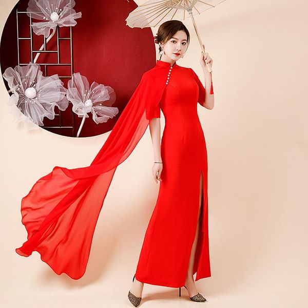 

ethnic clothing rayon cheongsam women high split qipao chinese style vintage button beaded dresses gown evening party vestidos, Red