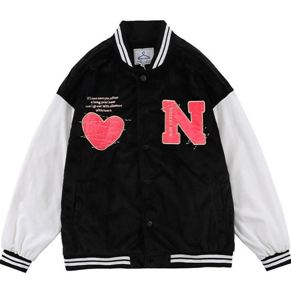 

men's jackets couple heart patch varsity jacket men furry embroidery color matching loose baseball uniform street hip hop casual, Black;brown