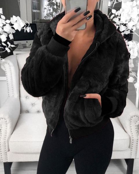 

ninimour women elegant plush rabbit fur faux fur coat spring autumn long sleeve hooded solid casual faux fur coats 210415, Black