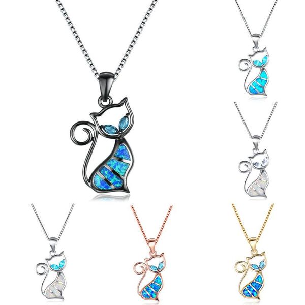 

cute boho female blue white opal necklace silver color black cat big animal pendants necklaces for women pendant