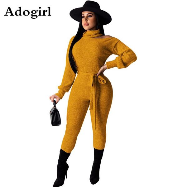 

women's jumpsuits & rompers solid knited turtleneck jumpsuit long sleeve bodycon cut-out shoulder one piece casual lace up outfits, Black;white