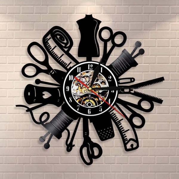 

wall clocks record art decorative clock vintage sewing machine quilting fashion store decor sign retro gift idea