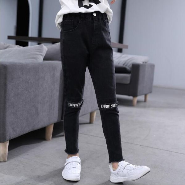 

jeans girls spring teenage girl black letter hole denim pencil pants trousers kids 6 8 10 12 14 16year clothing, Blue