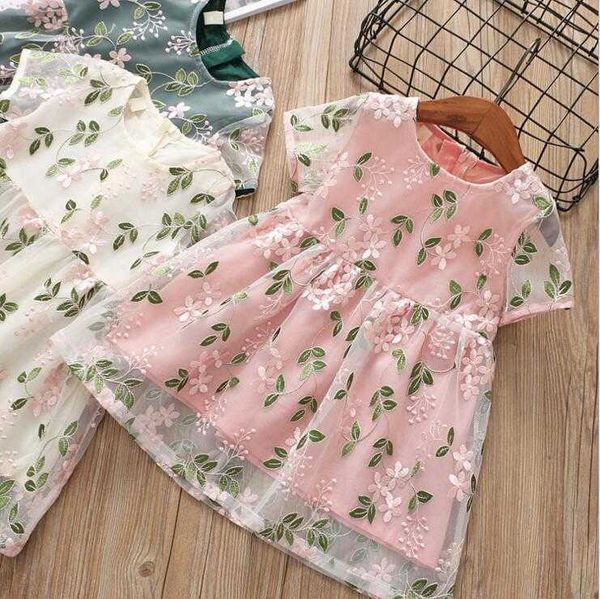 Sommer Mädchen Spitze Stickerei Kleid Kinder Frische Blumen Blätter Fee Prinzessin Kleider Kleidung 210529