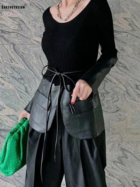 

heavy craftsmanship stitching pu leather lace irregular knitted sweater round neck tight pullover ladies autumn style women's sweaters, White;black