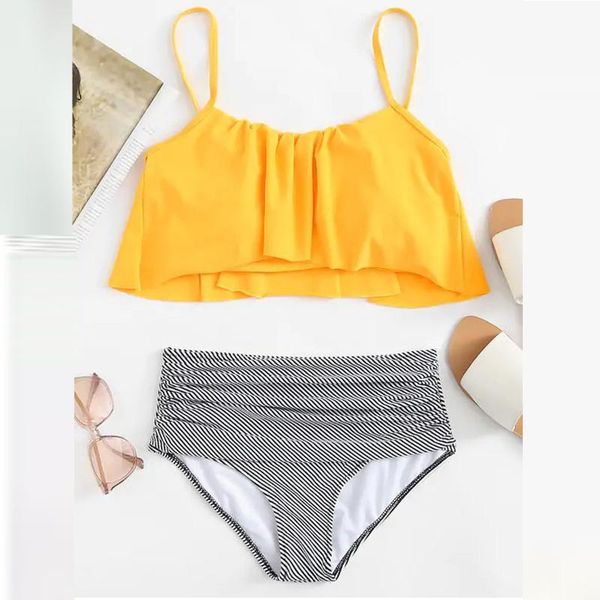 

women's swimwear yellow and stripe high waisted bikini sets tank swimsuit two pieces women 2021 beach bathing suits, White;black