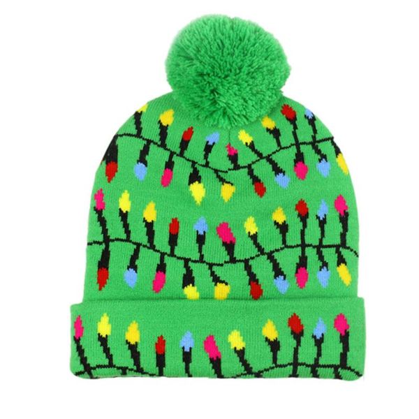

beanies 25# winter christmas hat tree flanging ball with real pom poms soft knitted led colorful lights