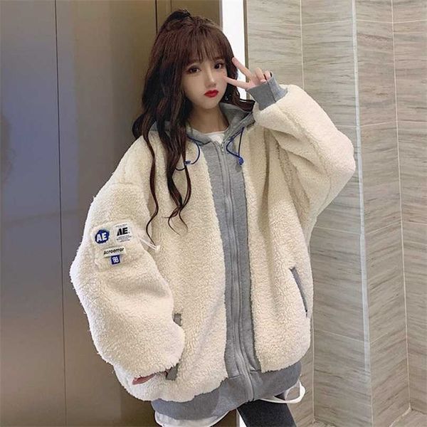 

zoki autumn all match wool thicken fur coat loose casual warm jacket with hood korean fashion elegant outwear 211123, Black