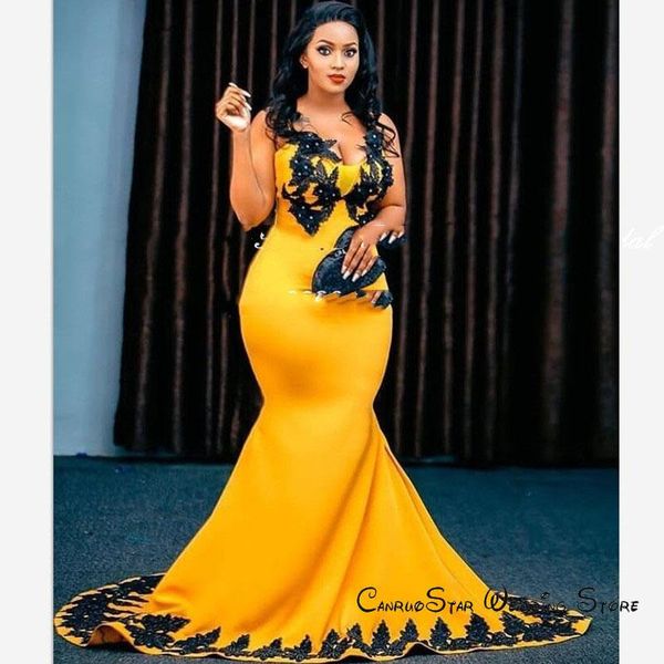 

party dresses delicate gold yellow mermaid prom 2021 with black appliques women long formal evening dress vestido de festa, White;black