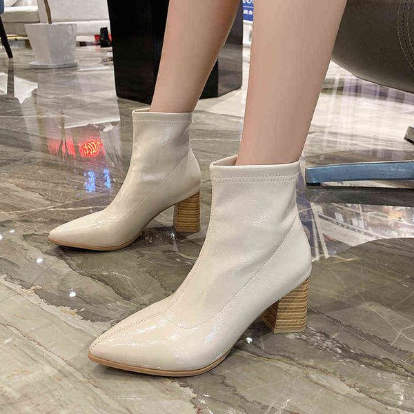 

women ankle boots solid leather fashion platform winter warm shoes for woman thick high heels pointed toe slip on short boots y1105, Black