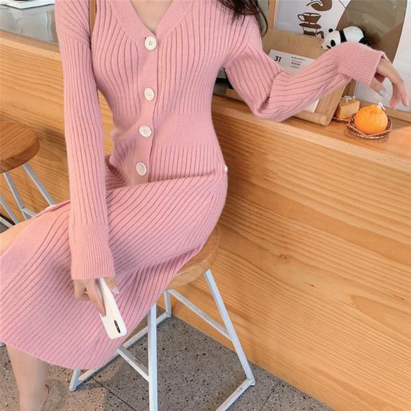 

dresses winter office sweater women casual long sleeve button elegant midi knitted female one piece dress korean autumn, Black;gray