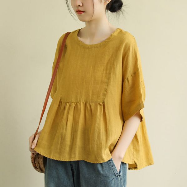 

women's t-shirt summer arts style women short sleeve loose t-shirt all-matched casual cotton linen o-neck tee shirt femme m17, White
