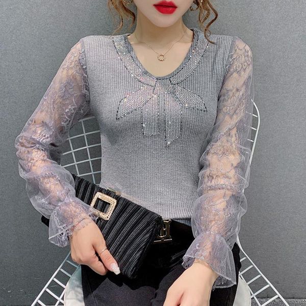 

women's blouses & shirts 2021 women spring fashion elegant long sleeve mesh blouse lady hollow out o-neck diamond female casual loose, White