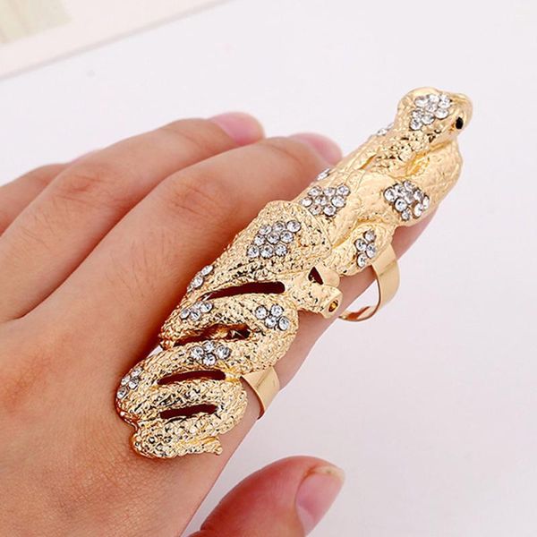 

cluster rings fashion punk silver plated metal snake knuckle for women exaggerated full crystal adjustable jewelry joyas r170, Golden;silver
