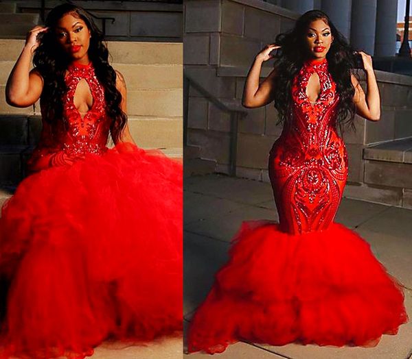 Plus Tamanho Árabe Aso Ebi Red sereia Sexy Prom Vestidos de renda High Neck Evening Party formal Festa Segunda Recepção Vestido ZJ202 407