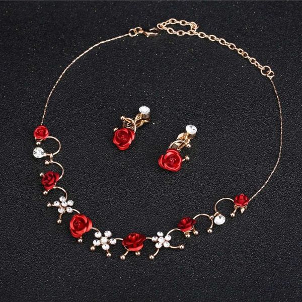 

earrings & necklace sweet wedding clip set red flower decor handmade bride jewelry und sale, Silver