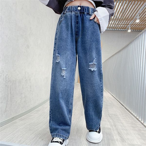 

jeans for girls solid wide leg pants kids ripped hole loose trousers teen spring autumn clothes 6 8 10 12 14years old 220222, Blue