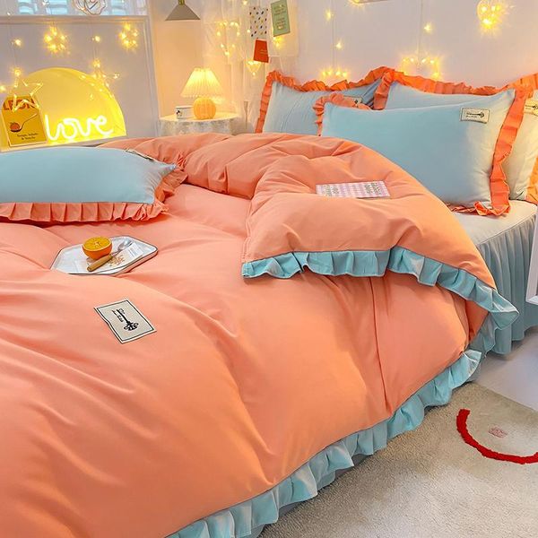 

bedding sets korean style bed skirt 4pcs girl heart princess duvet cover set quilt pillow case comforter