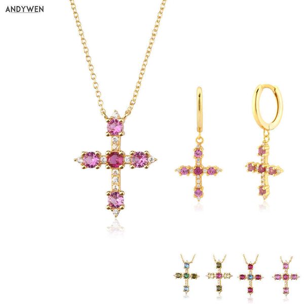 

andywen 925 sterling silver gold colorful summer rainbow cross pendiente drop earring necklace jewlery set gift for women 210608