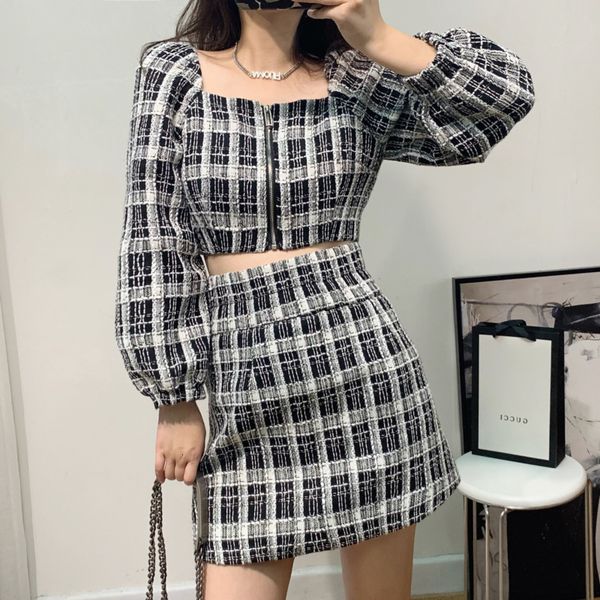 

skirt autumn korean vintage plaid two zipper crop + bodycon mini set fashion 2 piece outfits for women suits rp5k, Black