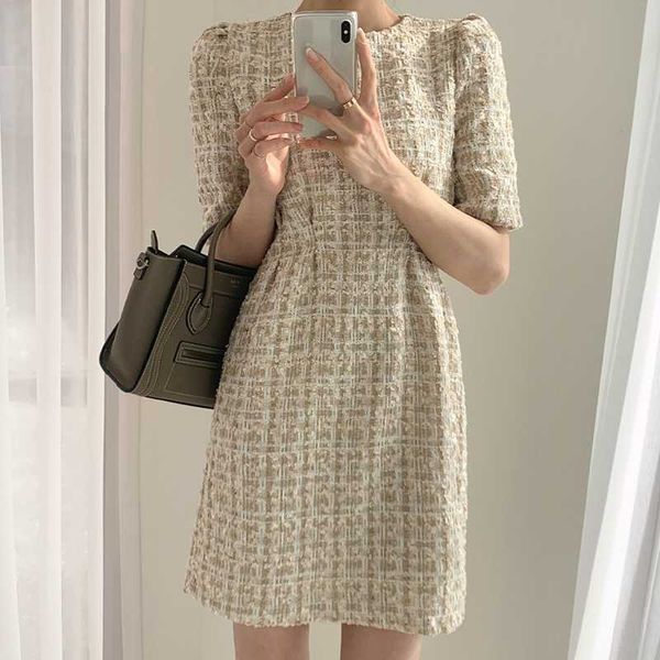 

runway stylish designer dress women's chic tweed plaid short elegant party dresses casual vestidos 210529, Black;gray