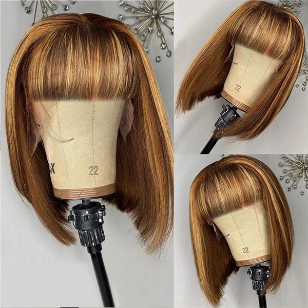 

#4p27 highlight short straight bob wig with bangs brazilian ombre human hair no lace full machine made wigs for black women, Black;brown