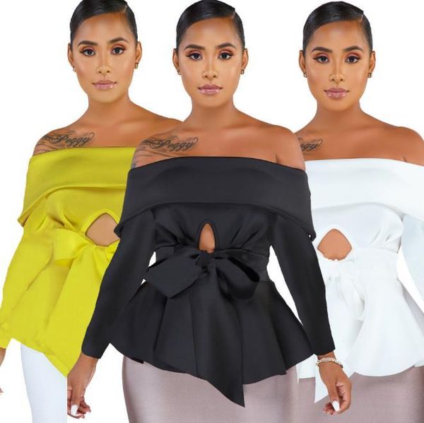 

women's t-shirt slash neck tshirt fashion solid color long sleeve off shoulder petal pullover women designers clothes, White