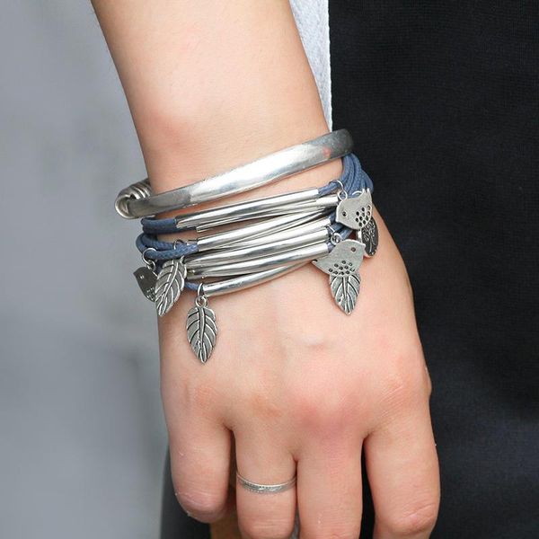 

beaded, strands fashion silver color charm leaves tibetant multilayer bracelets for women men pulseiras pendant handmade, Black